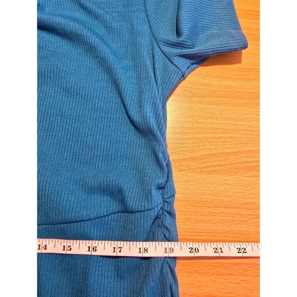 Nina Parker Midi Dress 2X Blue Cut Out Stretch Ribbed Ruched Short Sleeve Casual - Picture 5 of 16